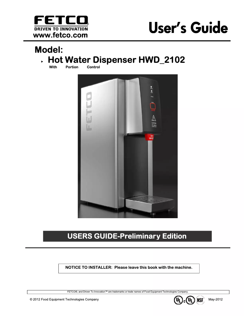Page n°1 - Manuel utilisateur Fetco HWD-2102
