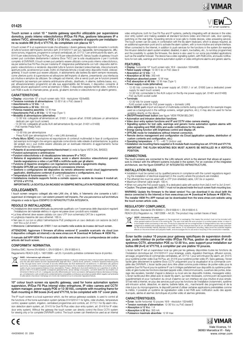 Page 1 de la notice Instructions / montage Vimar 01425
