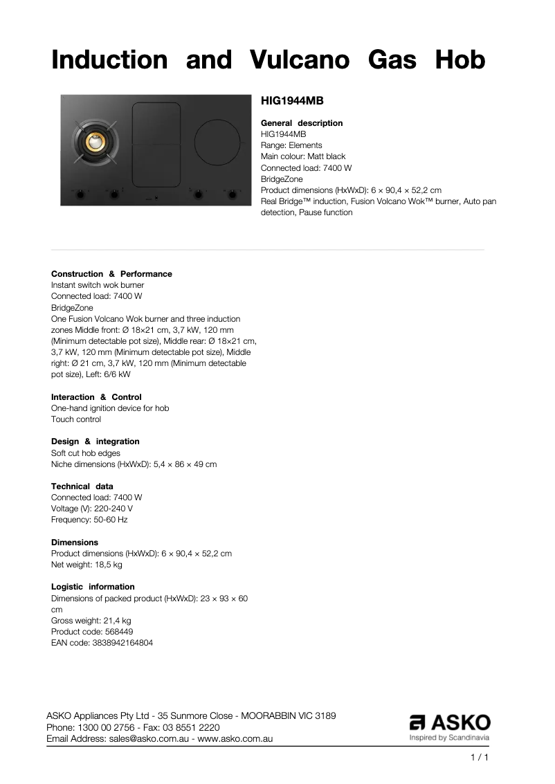 Page n°1 - Fiche technique Asko HIG1944MB