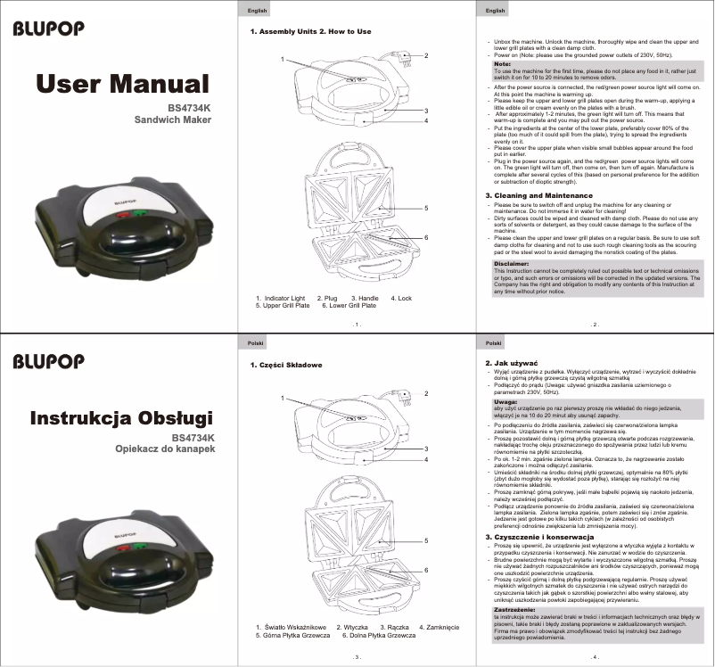 Page n°1 - Manuel utilisateur Blupop BS4734K