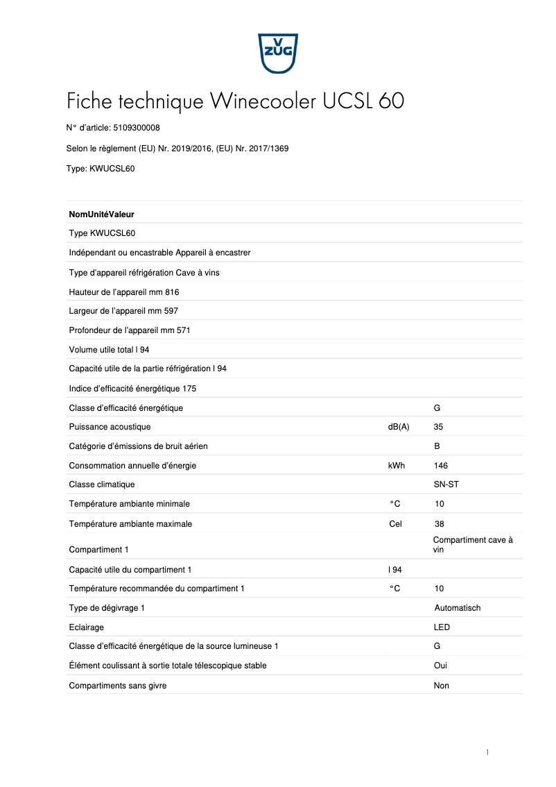 Image de la première page du manuel de l'appareil Winecooler UCSL 60