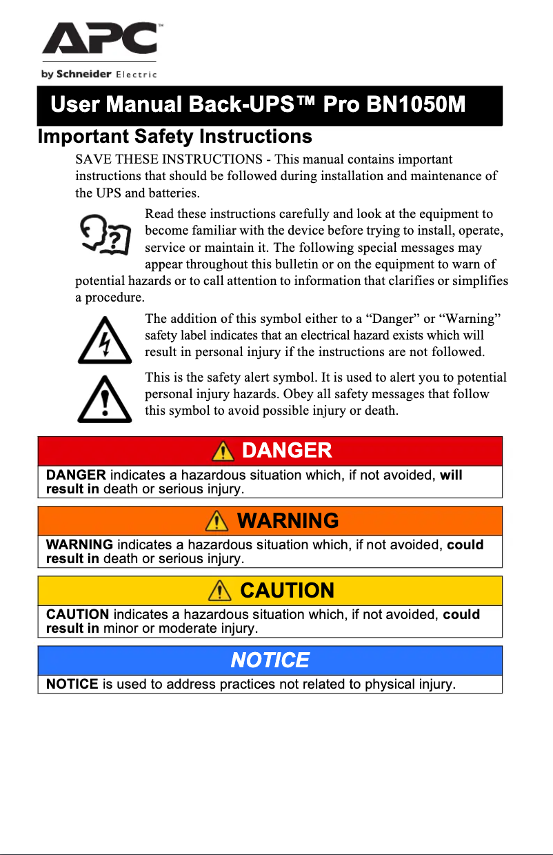 Page 1 de la notice Manuel utilisateur APC Back-UPS Pro BN1050M