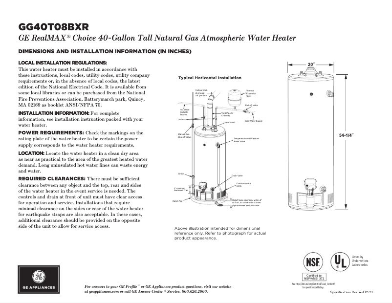 Page 1 de la notice Fiche technique GE GG40T08BXR