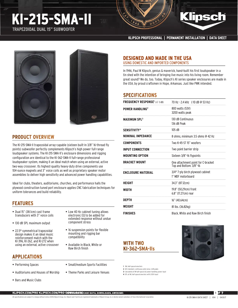 Page 1 de la notice Fiche technique Klipsch KI-215-SMA-II
