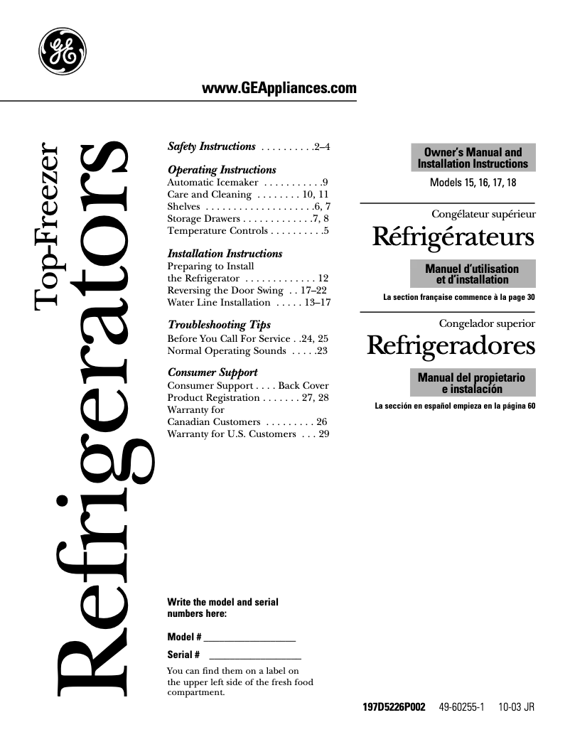 Page 1 de la notice Guide d'installation GE GTR15BBRRWW