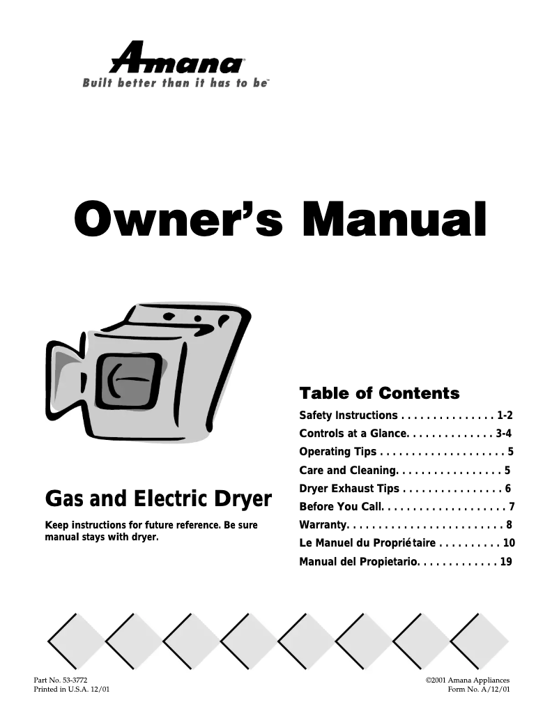 Page 1 de la notice Manuel utilisateur Amana DLG231RAW