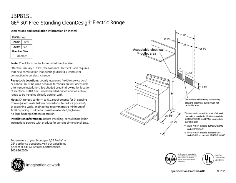 Page 1 de la notice Fiche technique GE JBP81SLSS