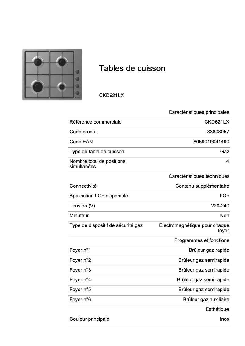 Page n°1 - Fiche technique Candy CKD621LX