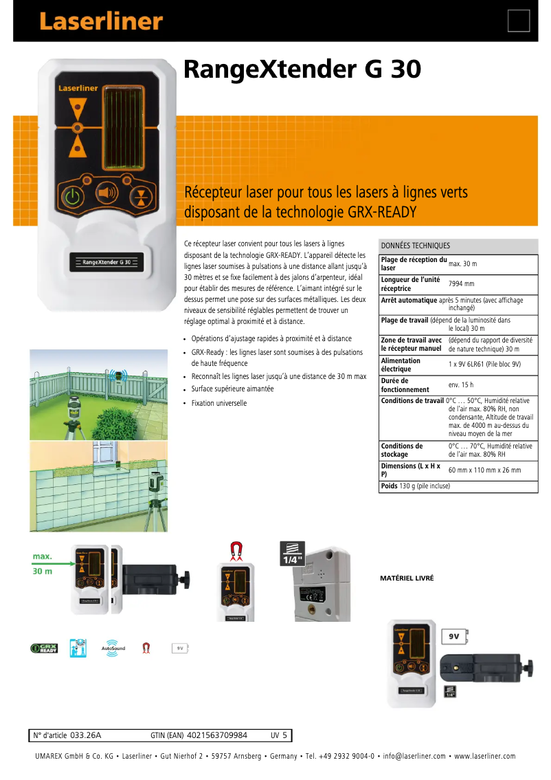 Page 1 de la notice Fiche technique Laserliner RangeXtender G 30