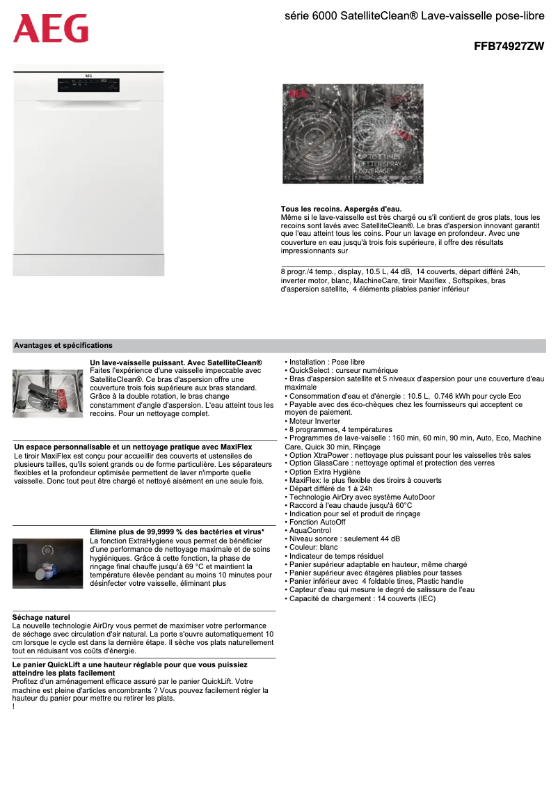 Page 1 de la notice Fiche technique AEG FFB74927ZW