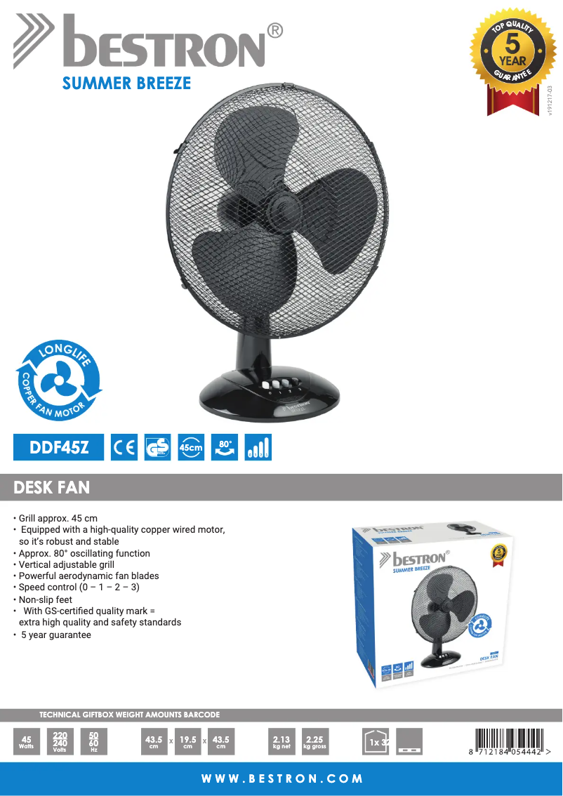 Page n°1 - Fiche technique Bestron DDF45Z