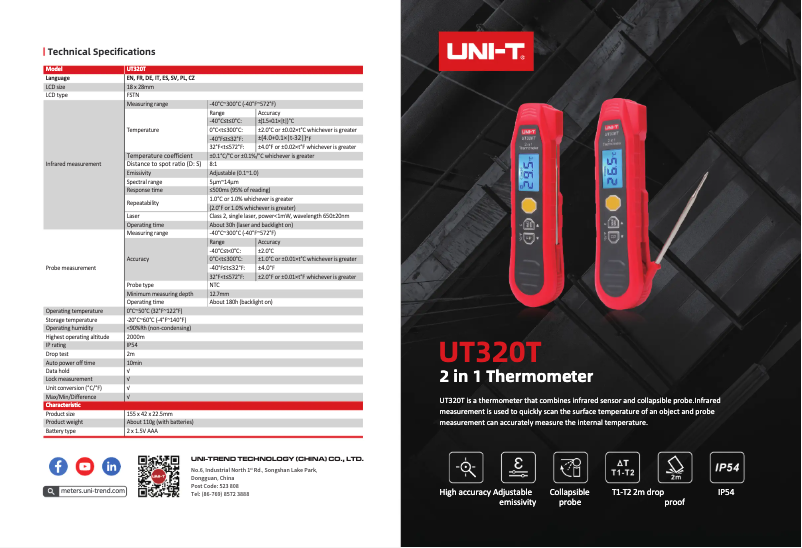 Page 1 de la notice Fiche technique Uni-T UT320T
