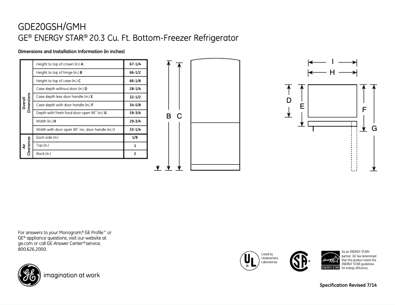 Página 1 del manual Ficha técnica GE GDE20GSHSS