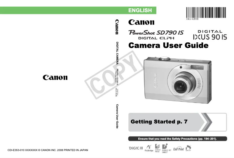 Imagen de la primera página del manual del dispositivo PowerShot SD790 IS