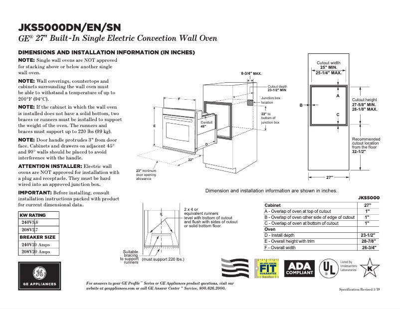 Page 1 de la notice Fiche technique GE JKS5000DNBB