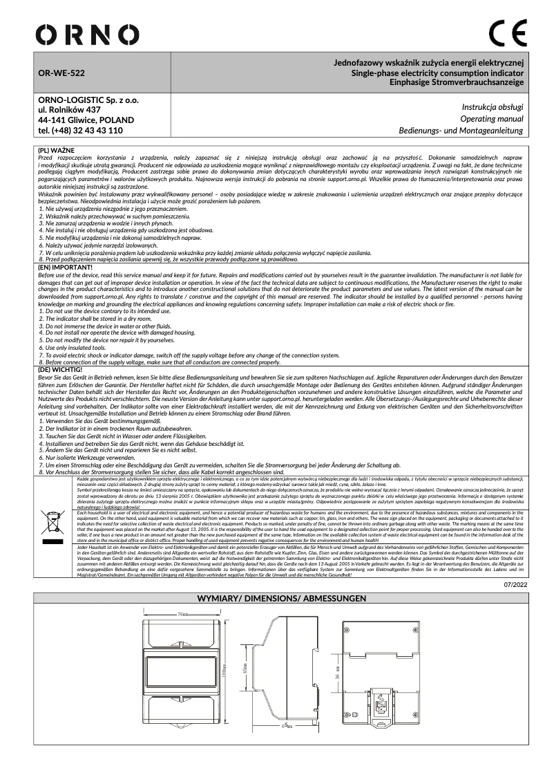 Imagen de la primera página del manual del dispositivo OR-WE-522