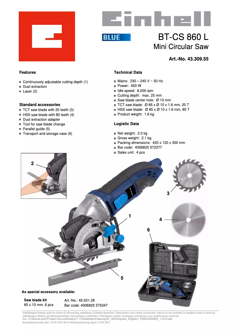 Página 1 del manual Ficha técnica Einhell BT-CS 860 L