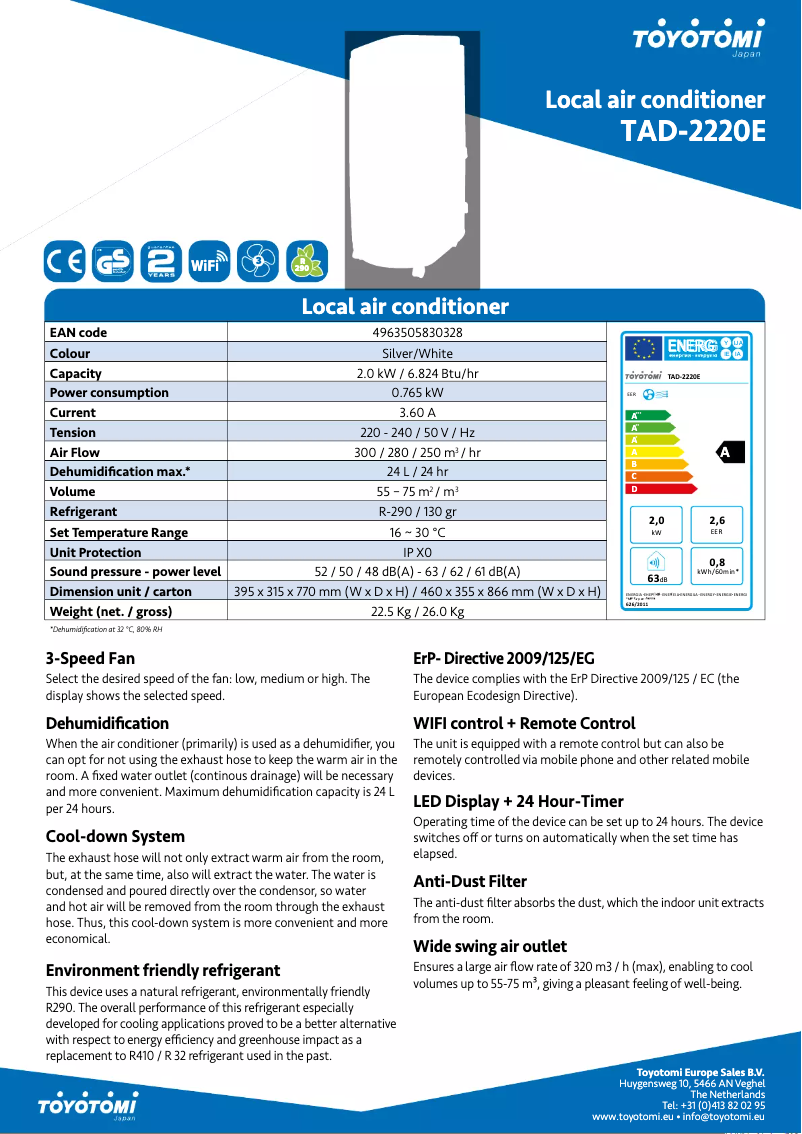 Page 1 de la notice Fiche technique Toyotomi TAD-2220E
