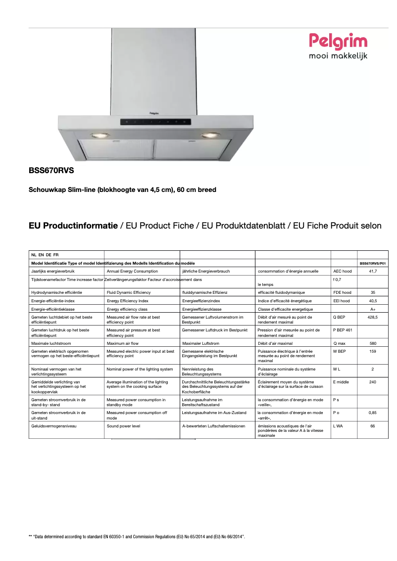 Page 1 de la notice Fiche technique Pelgrim BSS670RVS