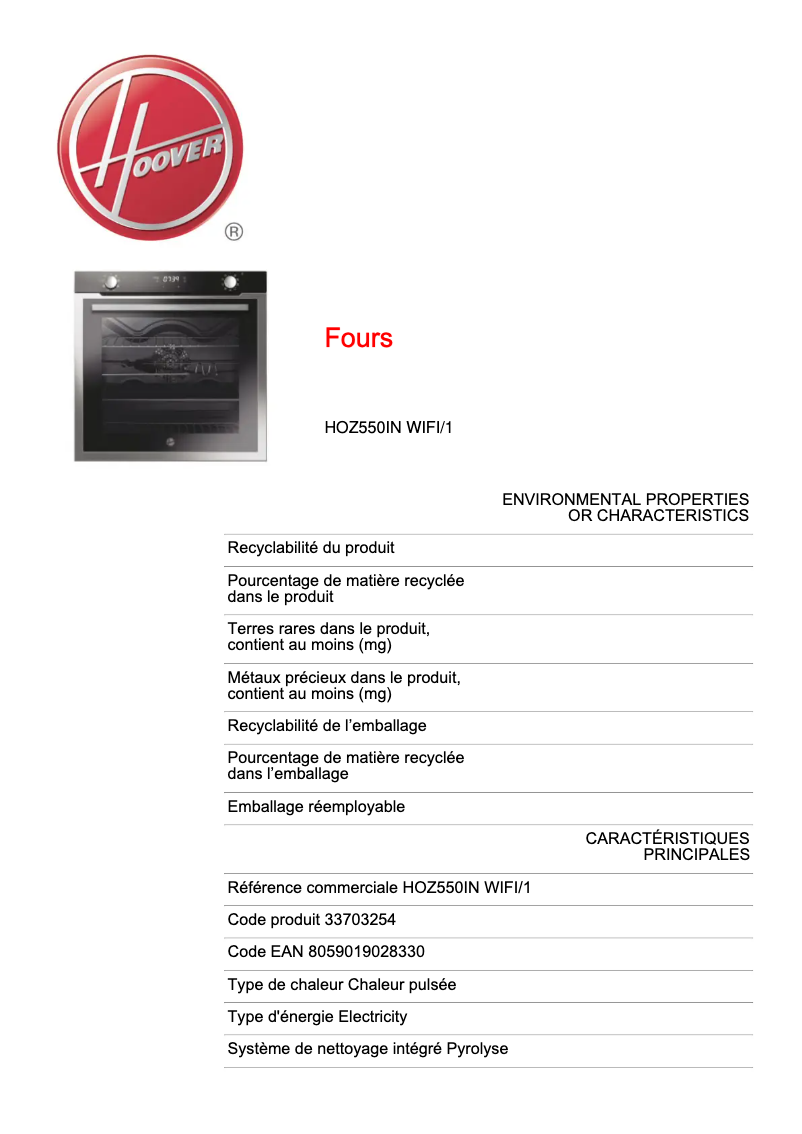 Page n°1 - Fiche technique Hoover HOZ550IN WIFI/1