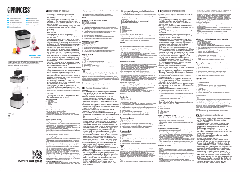 Page 1 de la notice Manuel utilisateur Princess Ice Cream Maker 282605
