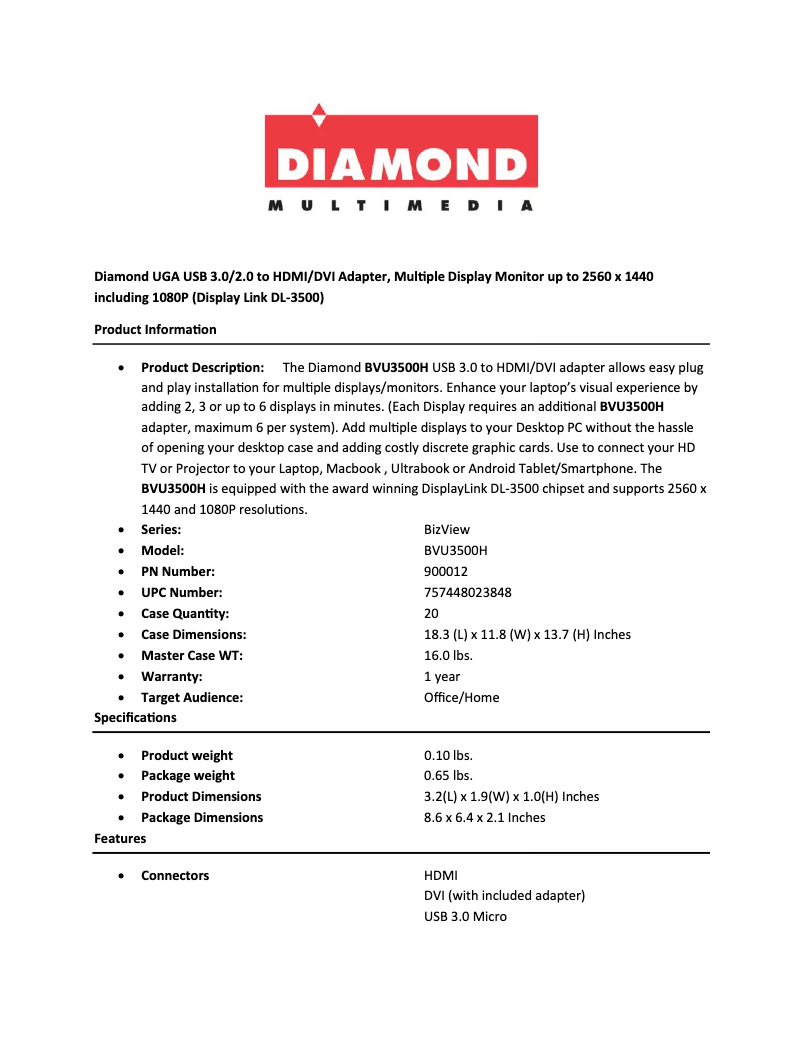 Page 1 of the manual User Manual Diamond BVU3500H