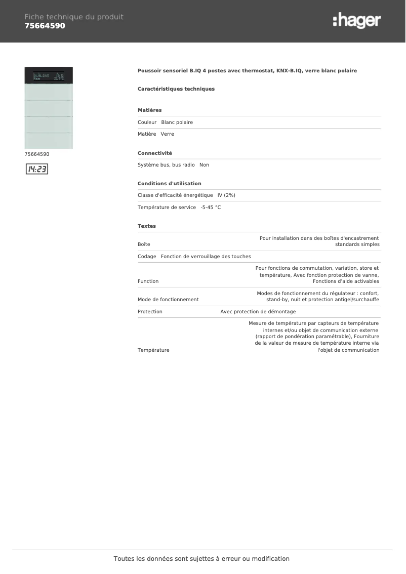 Page 1 de la notice Fiche technique Hager 75664590