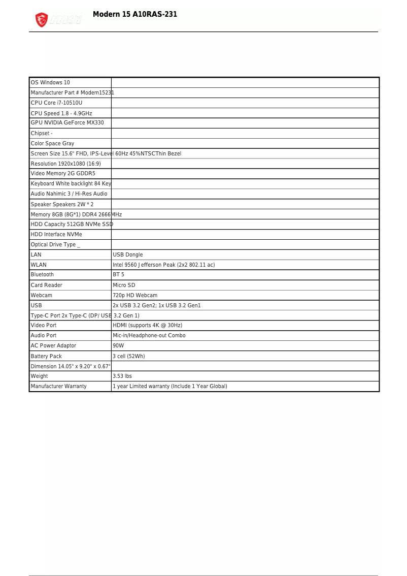 Page 1 de la notice Fiche technique MSI Modern 15