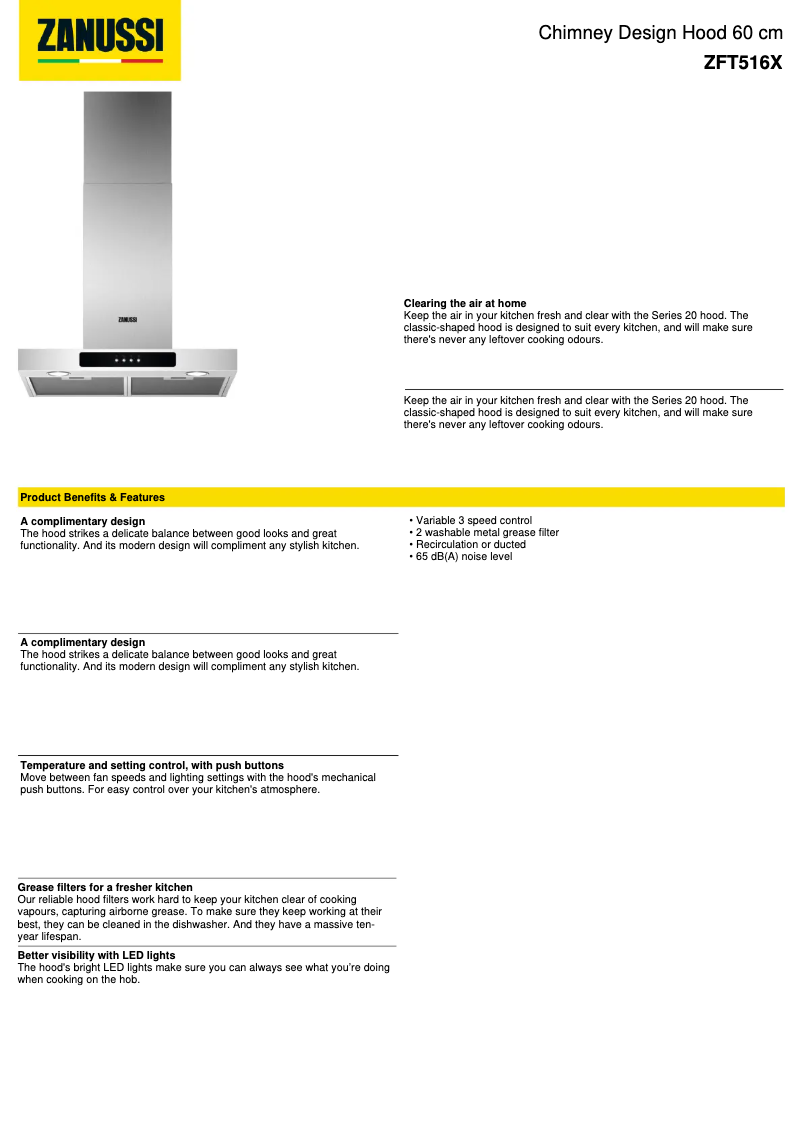 Page 1 de la notice Fiche technique Zanussi ZFT516X