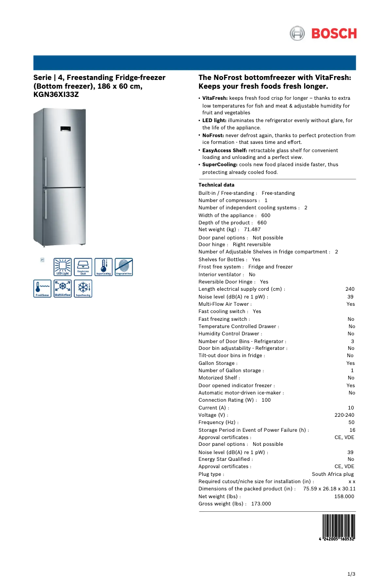Page 1 de la notice Fiche technique Bosch KGN36XI33Z