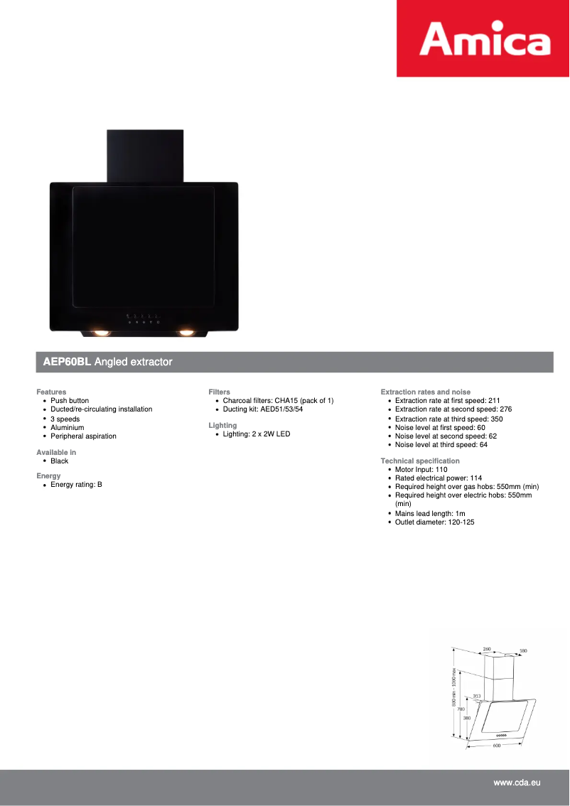 Página 1 del manual Ficha técnica Amica AEP60BL
