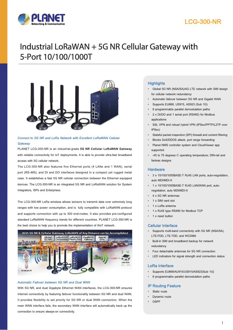 Page 1 de la notice Fiche technique Planet LCG-300-NR