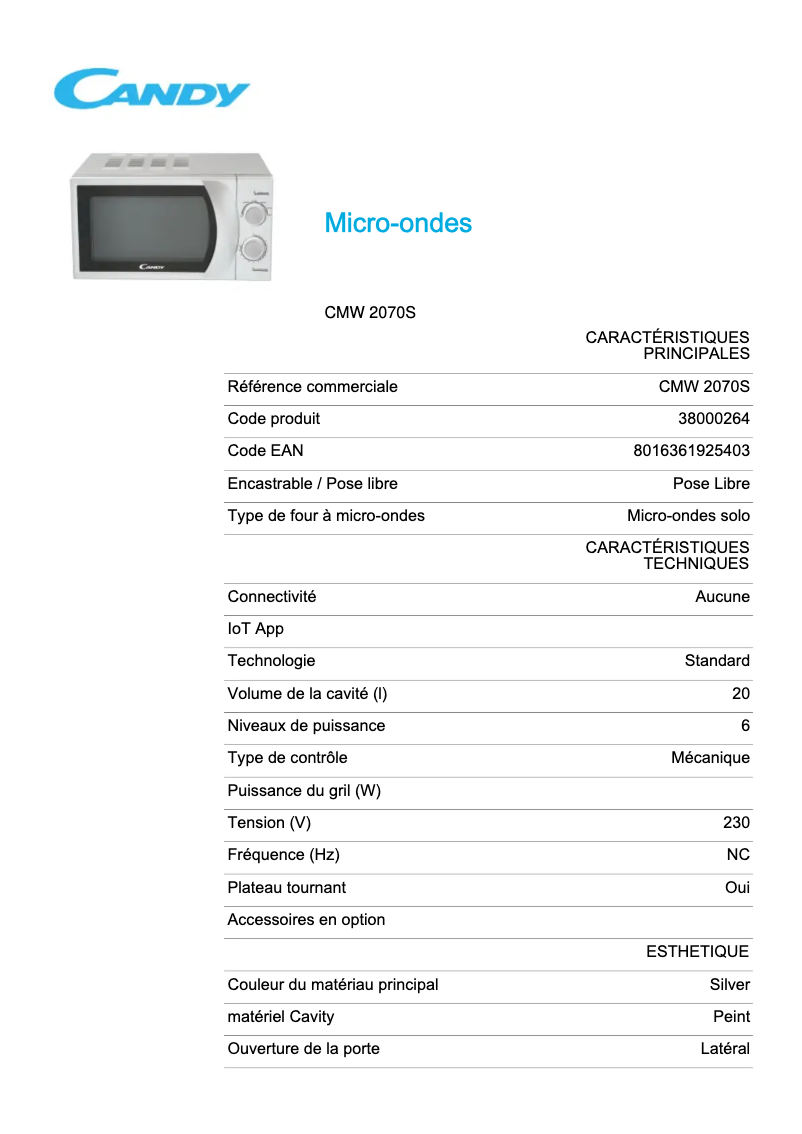 Page 1 de la notice Fiche technique Candy CMW 2070S