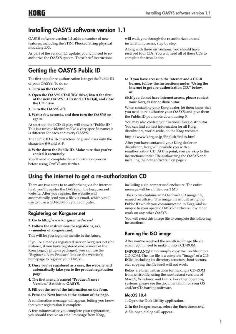 Page n°1 - Guide d'installation Korg OASYS