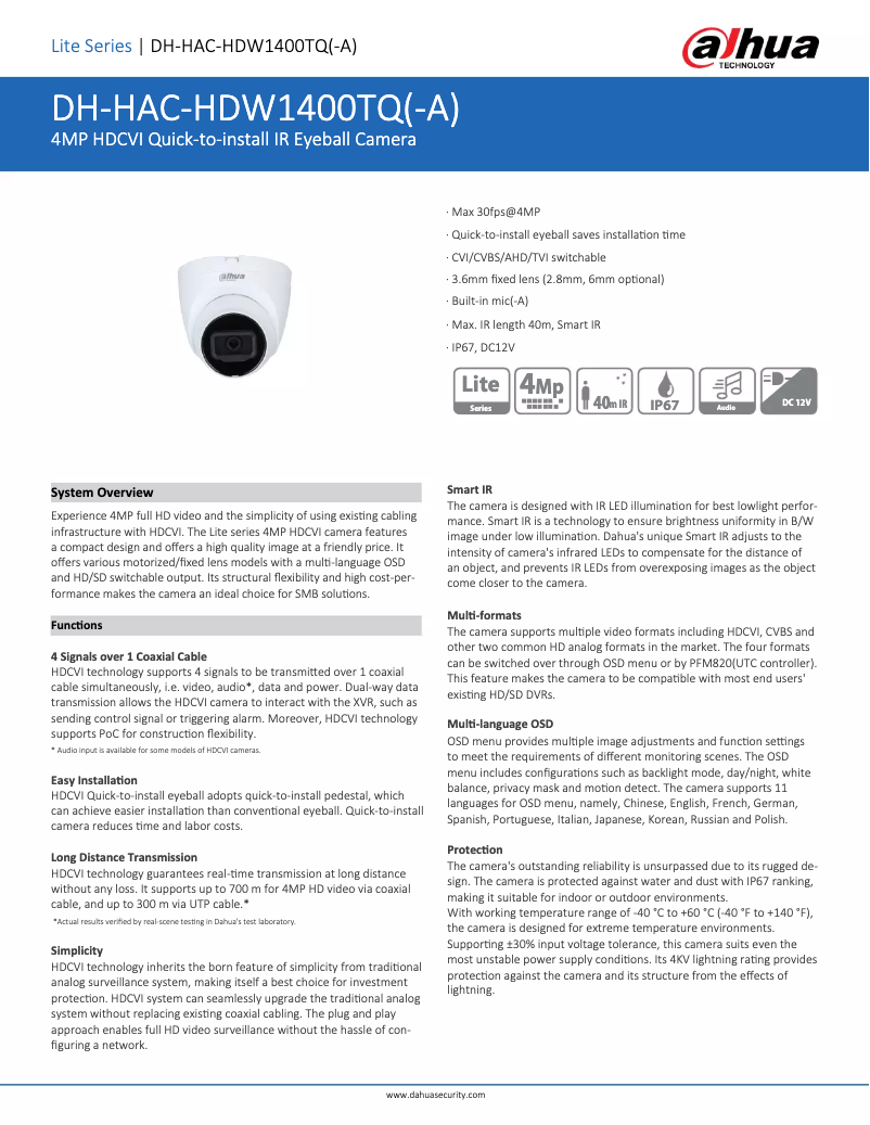 Image de la première page du manuel de l'appareil HAC-HDW1400TQ-A