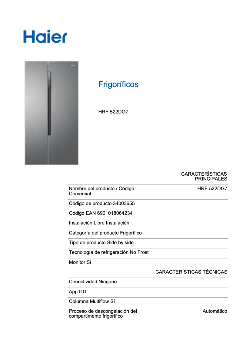 Page 1 de la notice Label énergétique Haier HRF-522DG7