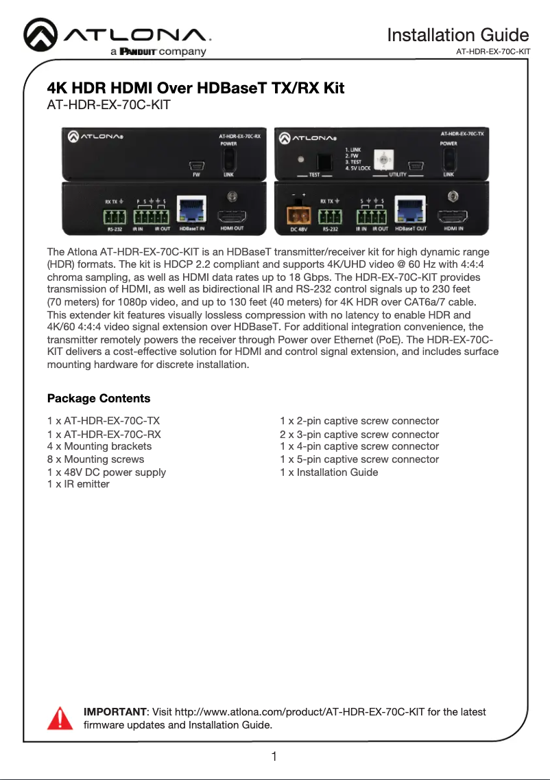 Page 1 de la notice Manuel utilisateur Atlona AT-HDR-EX-70C-KIT