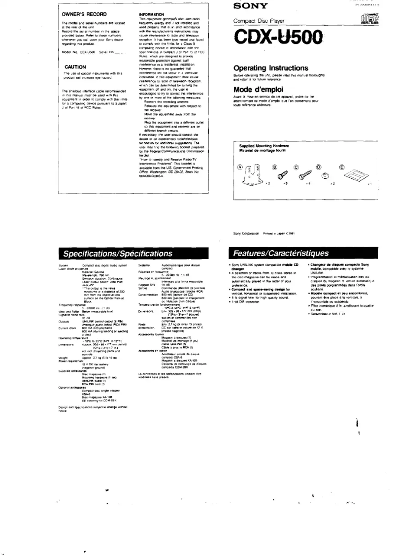 Page 1 de la notice Manuel utilisateur Sony CDX-U500