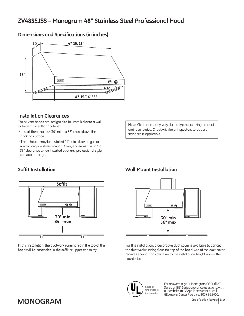 Page 1 de la notice Fiche technique Monogram ZV48SSJSS