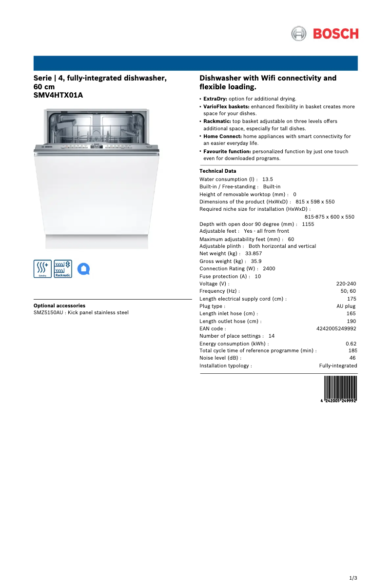 Página 1 del manual Ficha técnica Bosch SMV4HTX01A