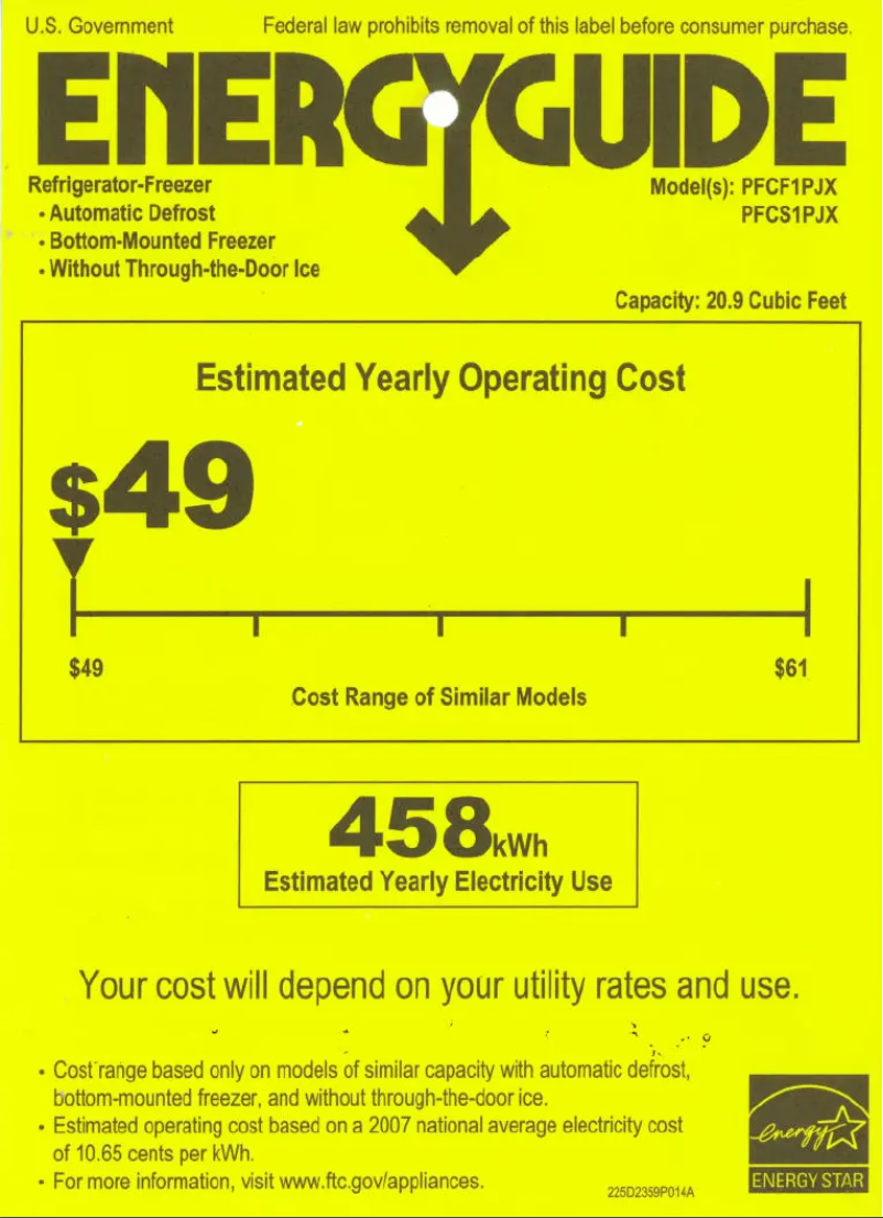 Page 1 de la notice Label énergétique GE PFCS1PJXSS