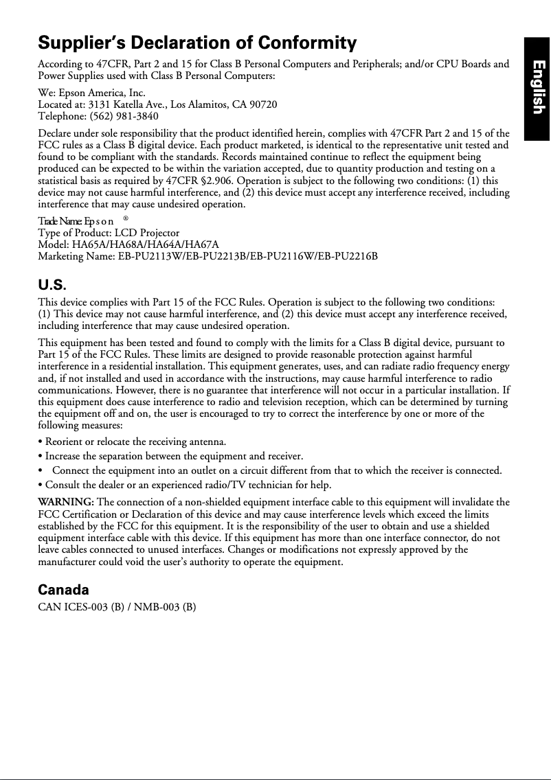Page n°1 - Manuel utilisateur Epson EB-PU2116W
