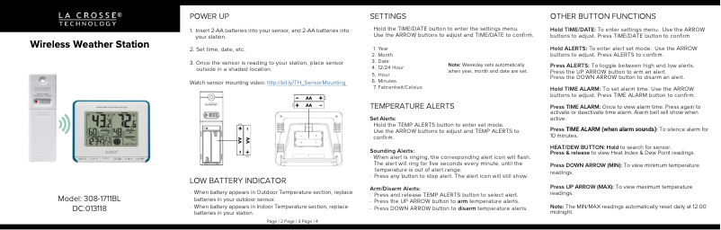 Page n°1 - Guide de démarrage rapide La Crosse Technology 308-1711BL