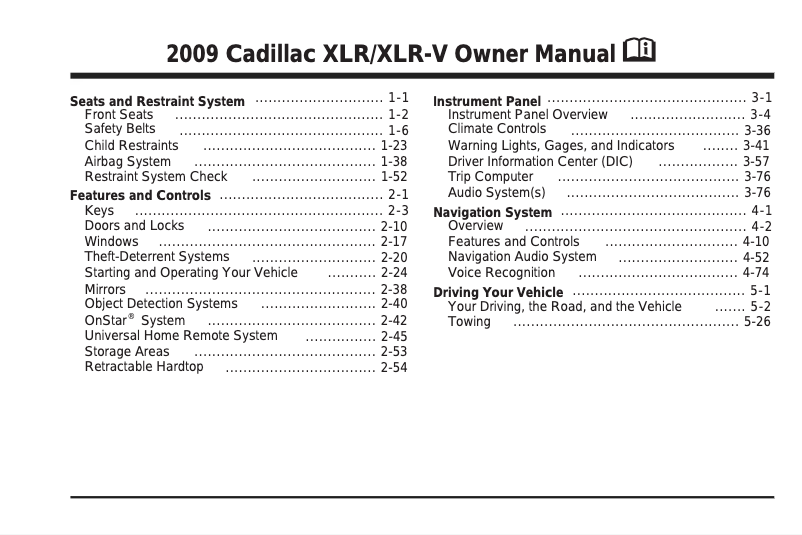 Page 1 of the manual User Manual Cadillac XLR Sedan (2009)