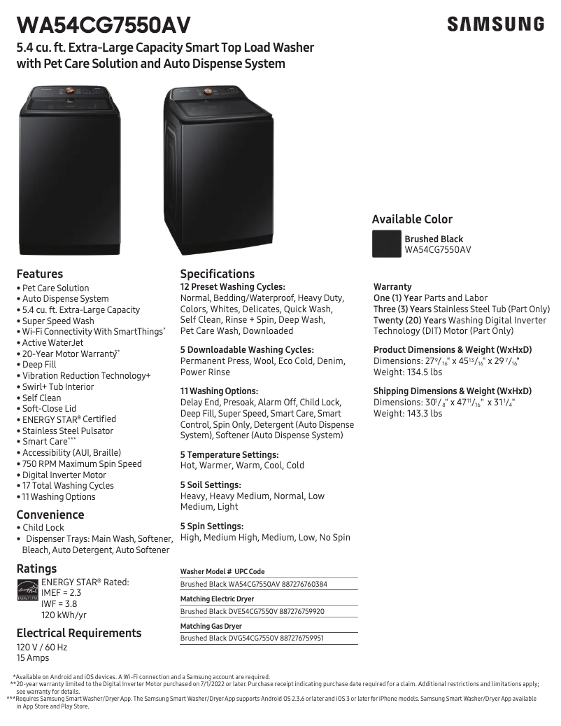 Page 1 de la notice Fiche technique Samsung WA54CG7550AV