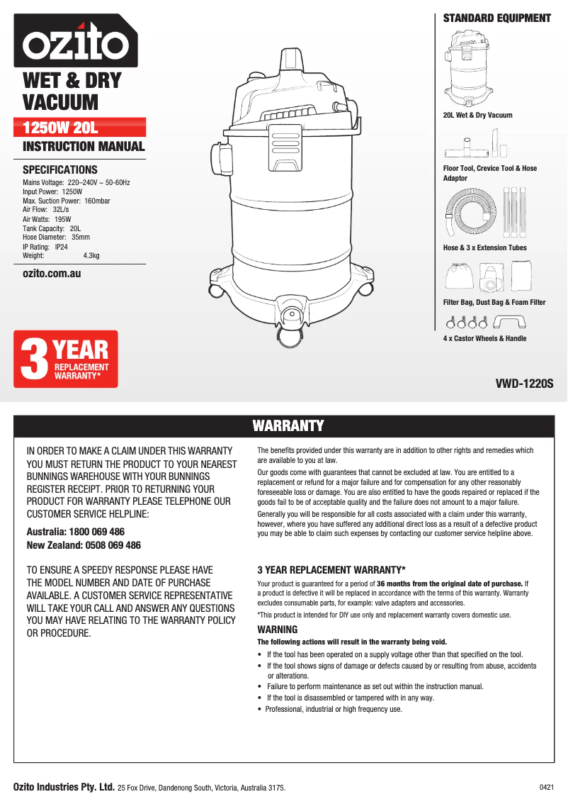 Page 1 de la notice Manuel utilisateur Ozito VWD-1220S