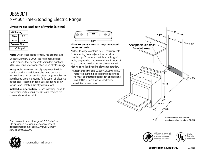 Page n°1 - Fiche technique GE JB650DTBB