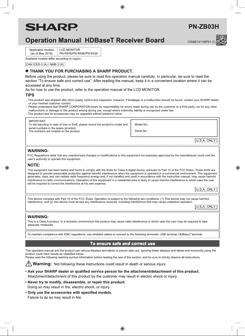 Page n°1 - Manuel utilisateur Sharp PN-ZB03H