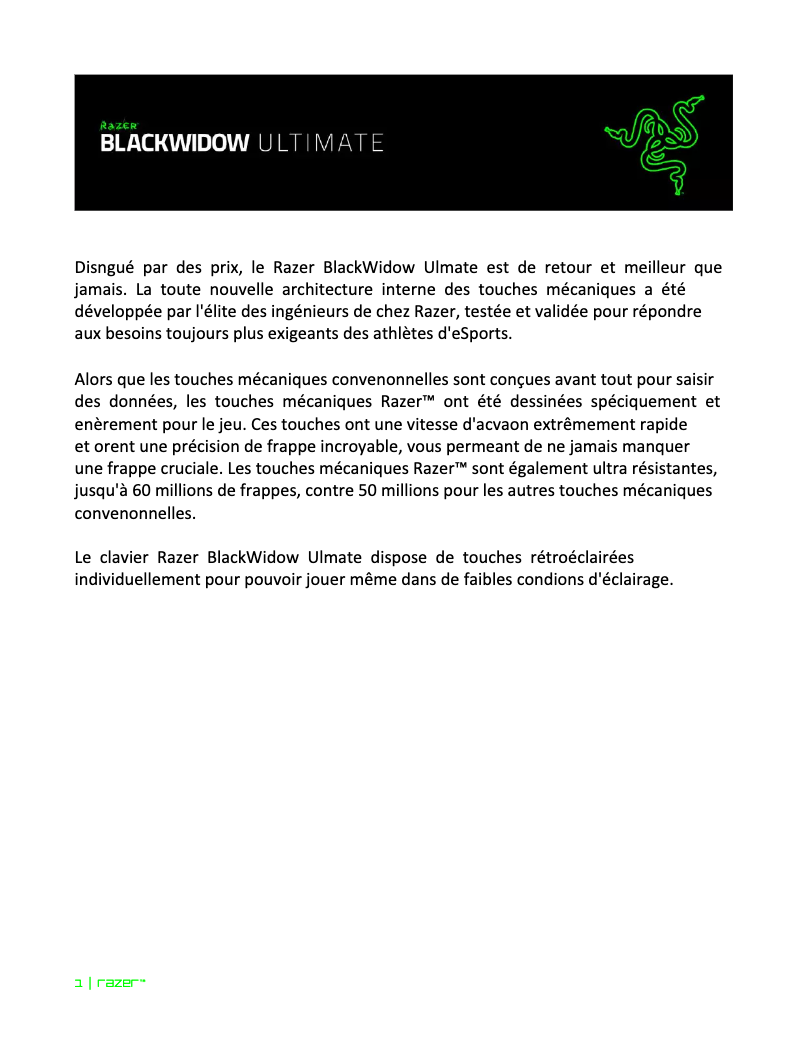 Page 1 de la notice Manuel utilisateur Razer BlackWidow Ultimate