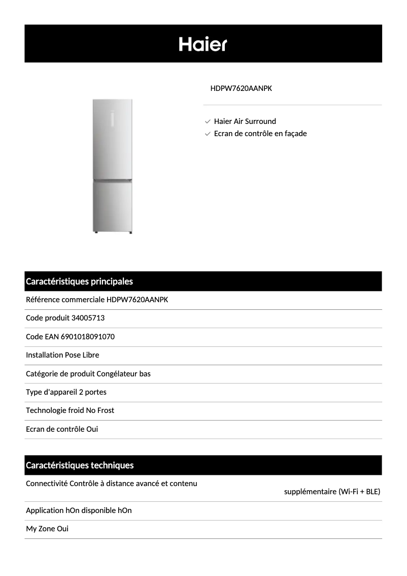 Page 1 de la notice Fiche technique Haier HDPW7620AANPK